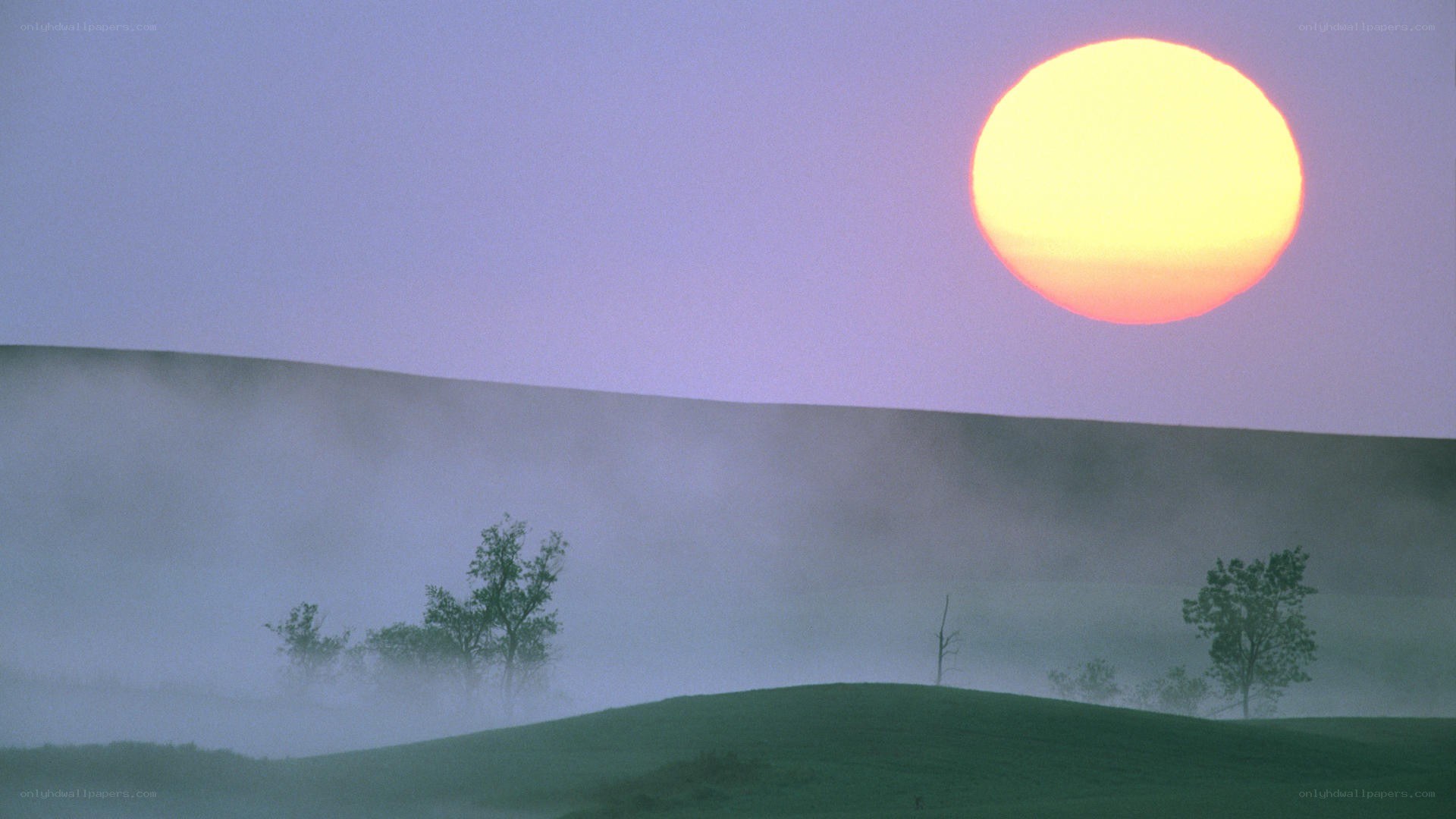 Sunrise over misty hills