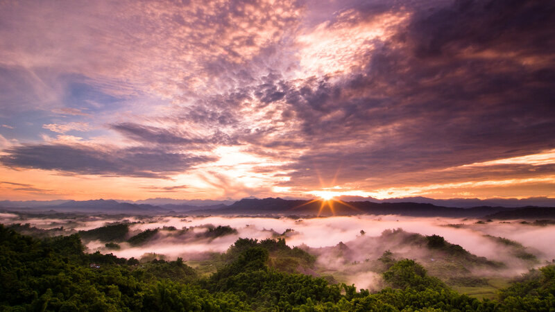 Sunrise over Misty Hills — Purple, Dramatic, Photograph