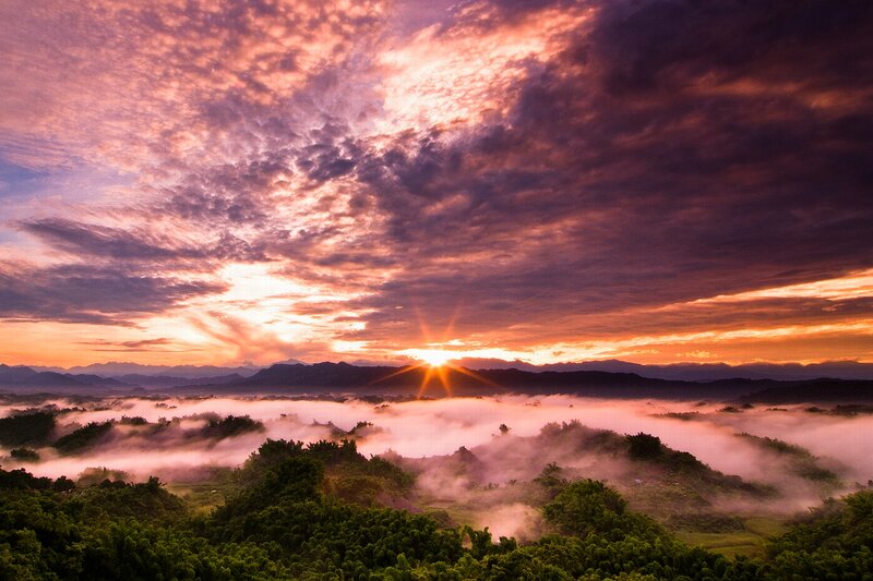 Sunrise over Misty Hills — Purple, Dramatic