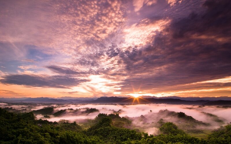 Sunrise over Misty Hills — Purple, Serene, Photograph, Mountains, Clouds