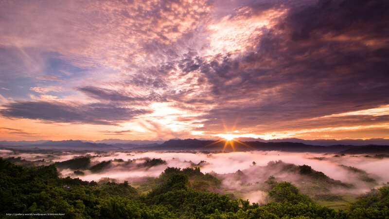 Sunrise over Misty Hills — Purple, Serene, Photograph, Mountains