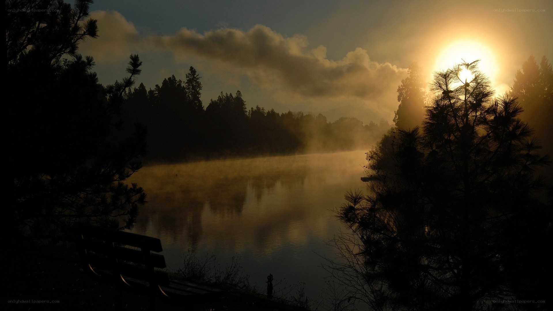 Sunrise over misty lake