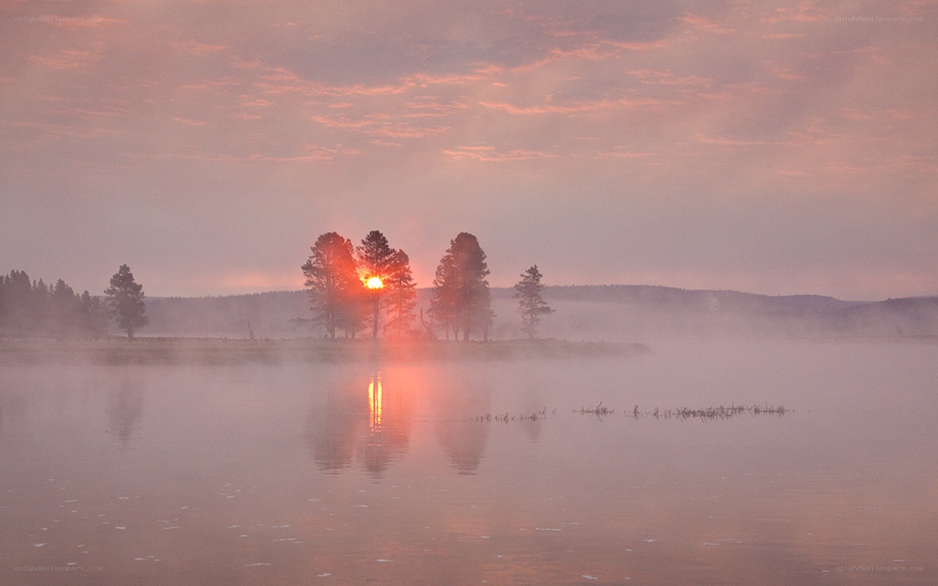Sunrise over misty lake
