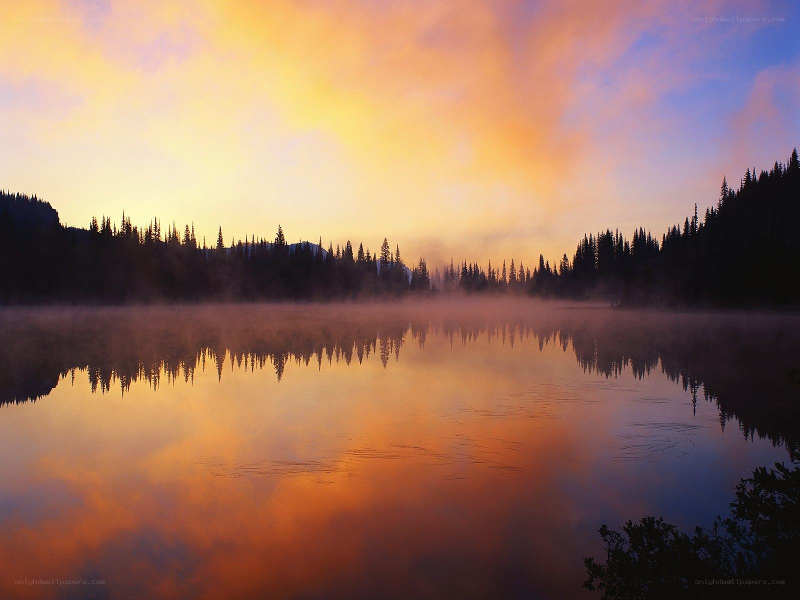 Sunrise over misty lake