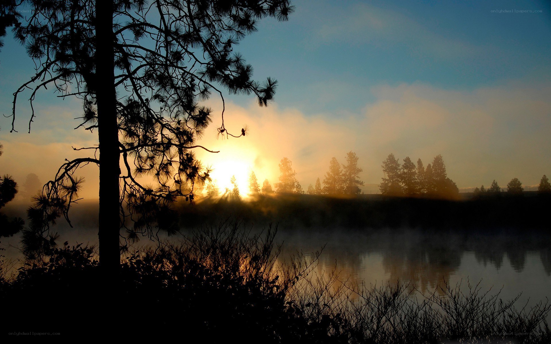 Sunrise over misty lake