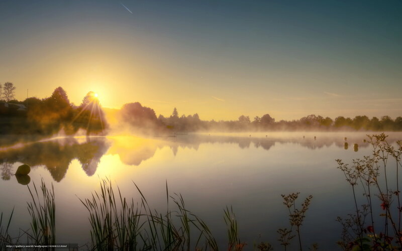 Sunrise over misty lake