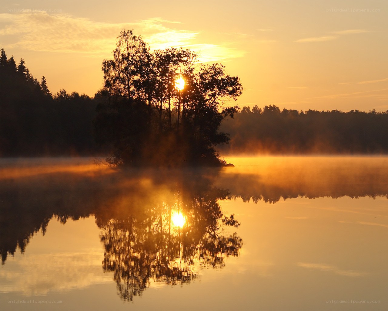 Sunrise over misty lake