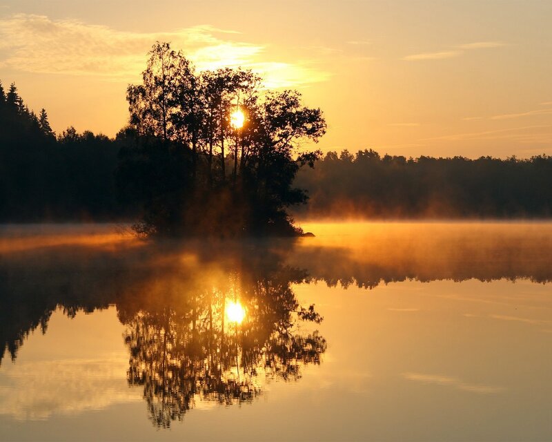 Sunrise over misty lake
