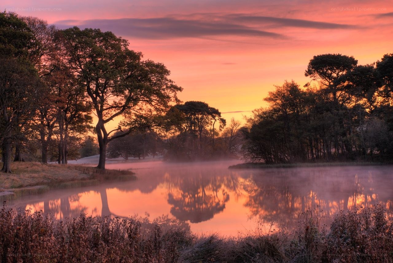 Sunrise over misty lake