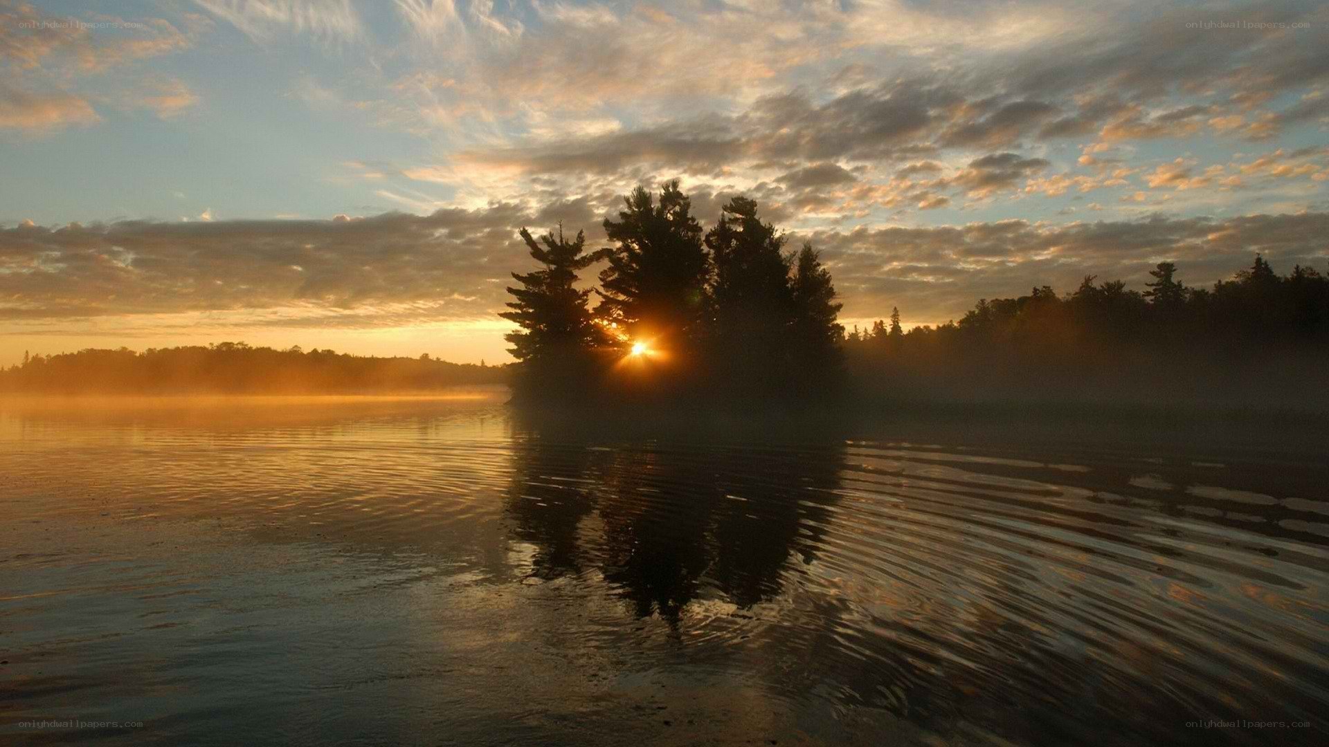 Sunrise over misty lake