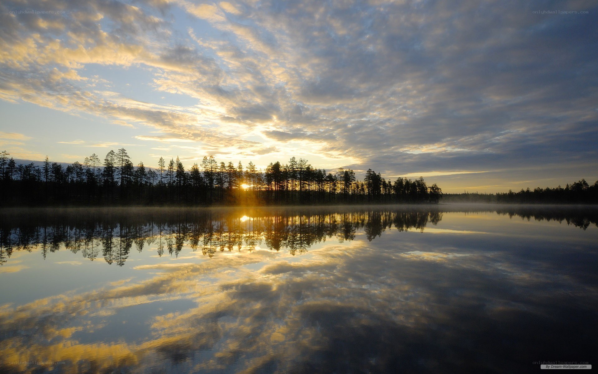 Sunrise over misty lake