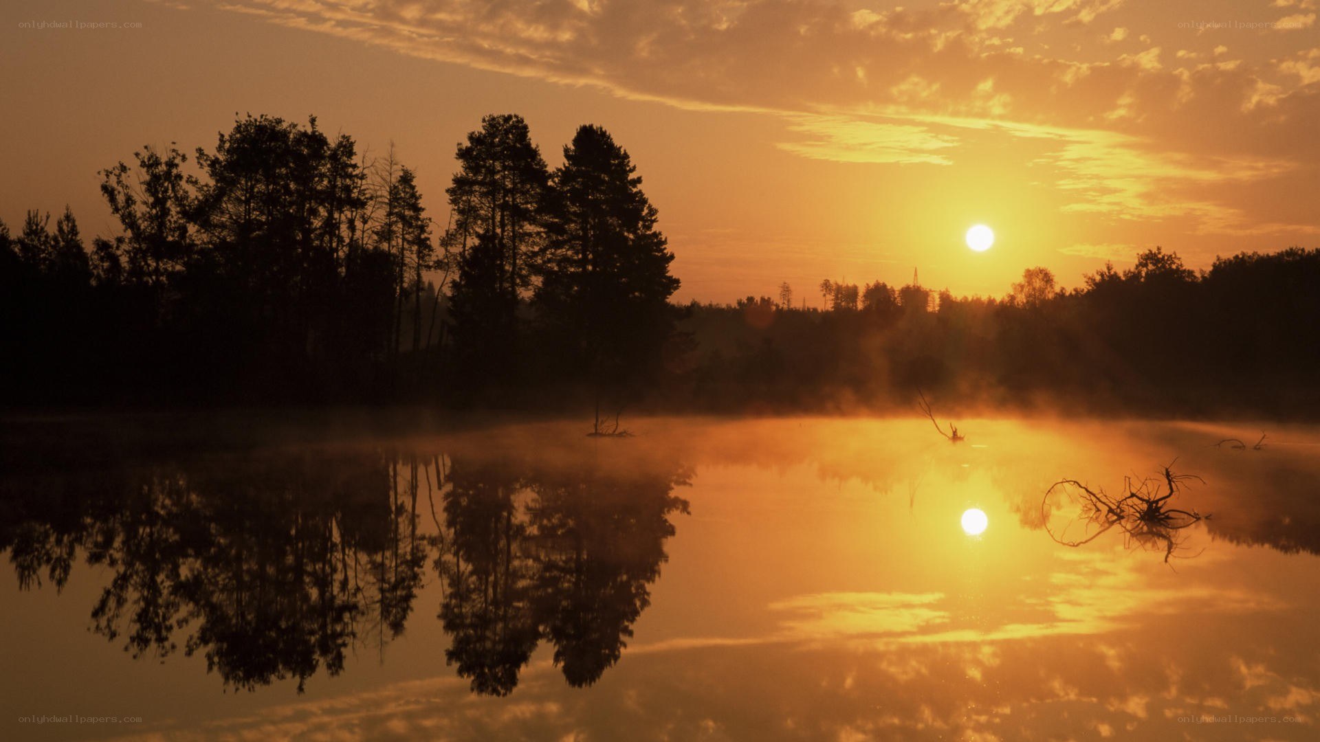 Sunrise over misty lake