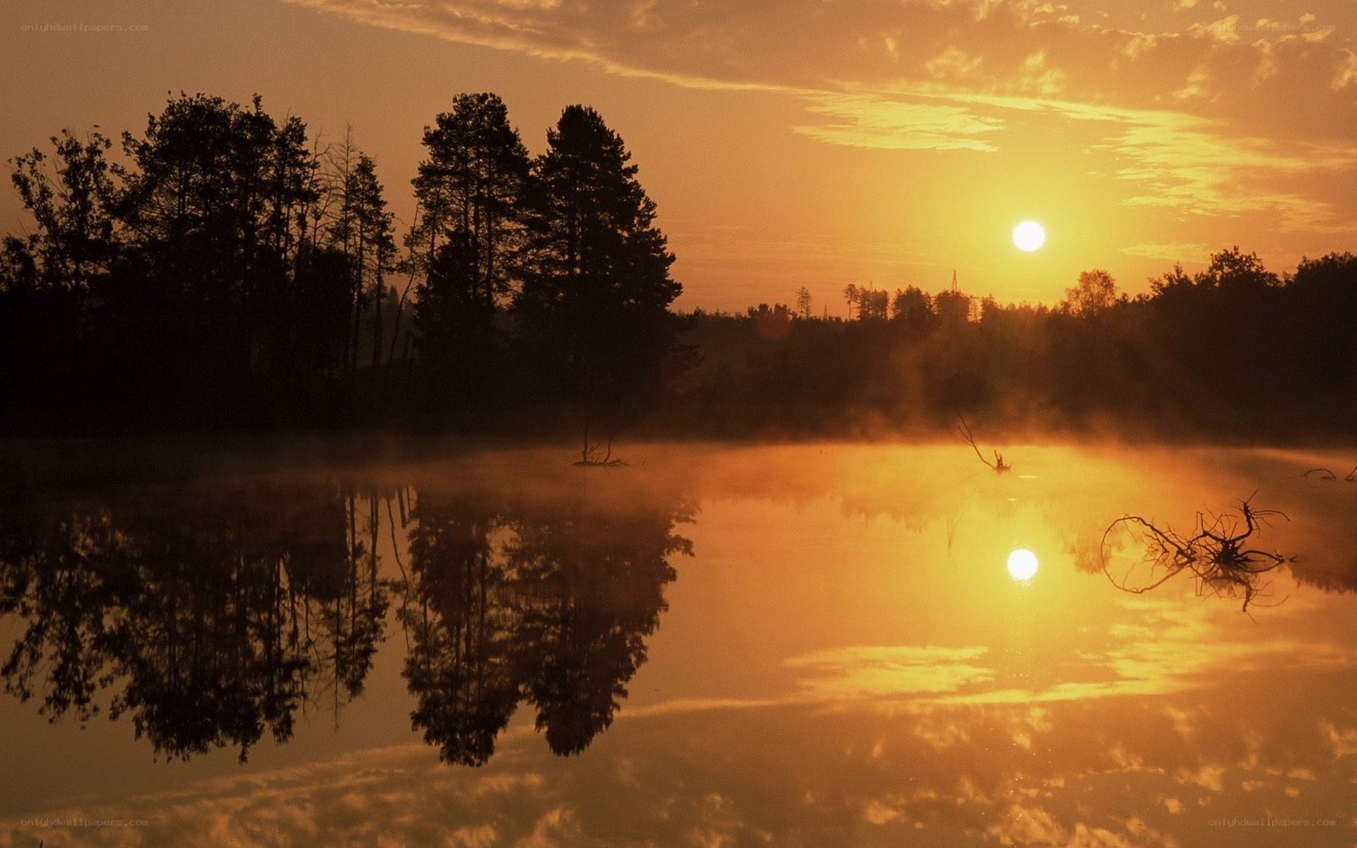 Sunrise over misty lake