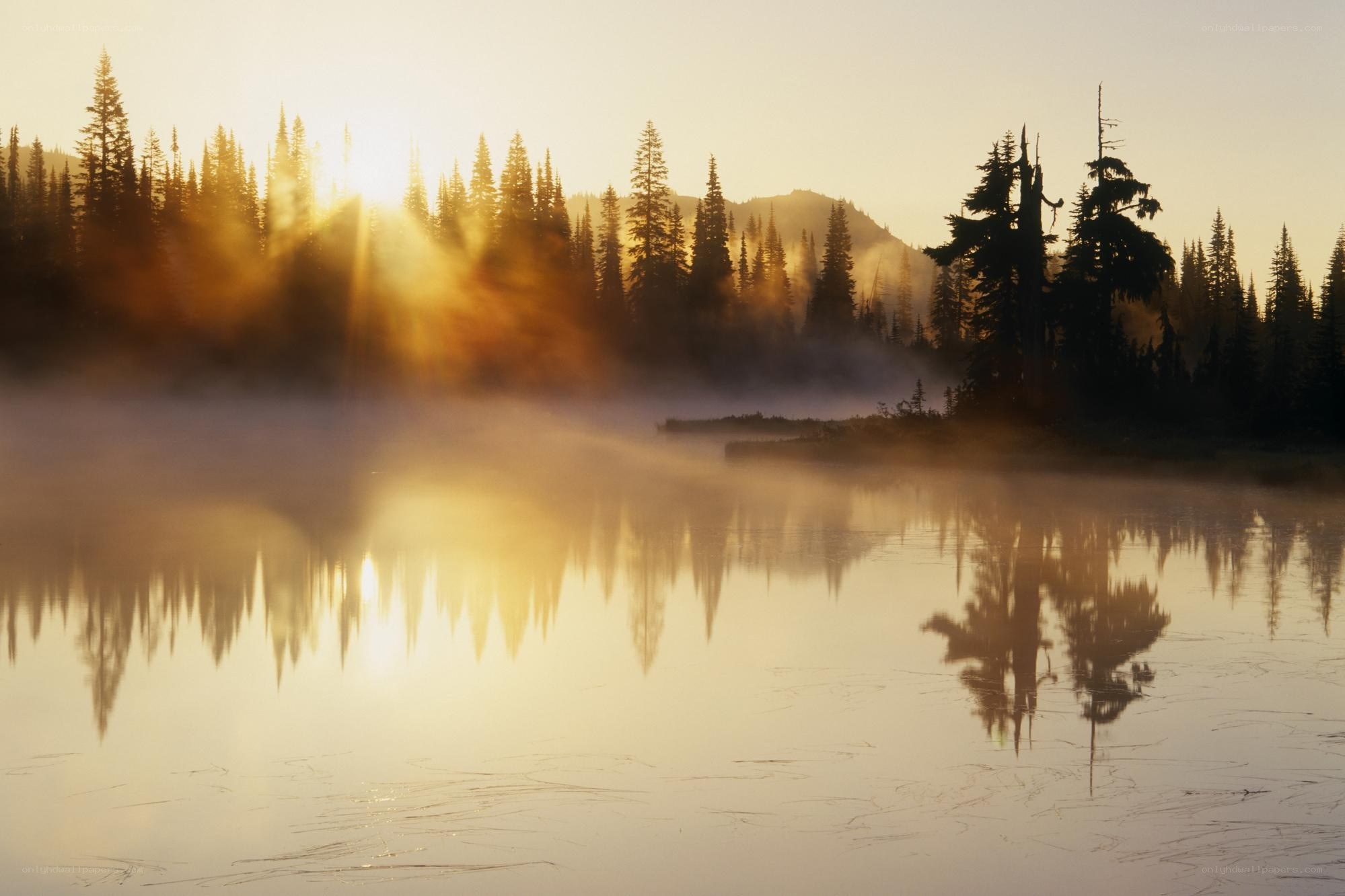 Sunrise over misty lake