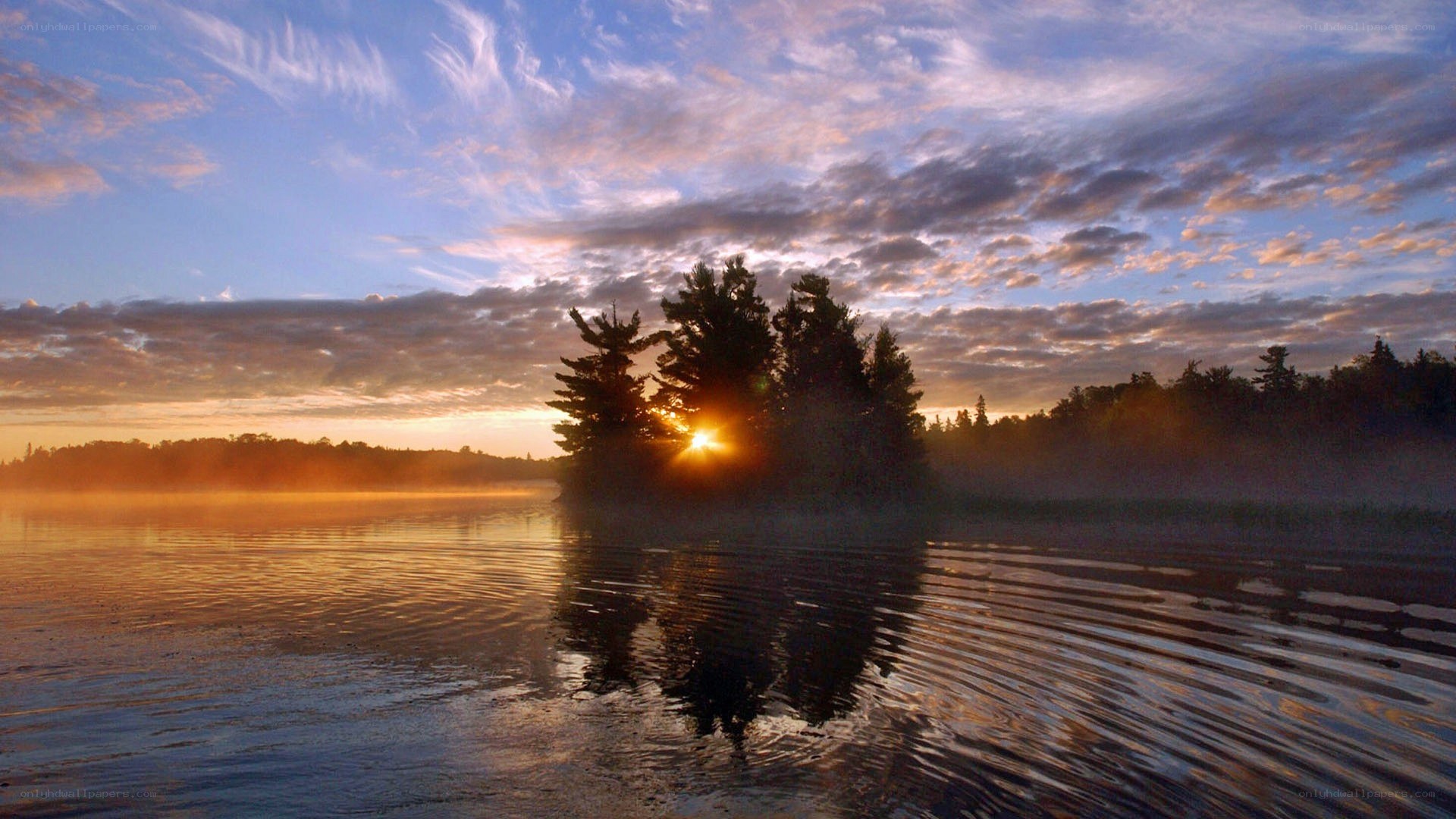 Sunrise over misty lake