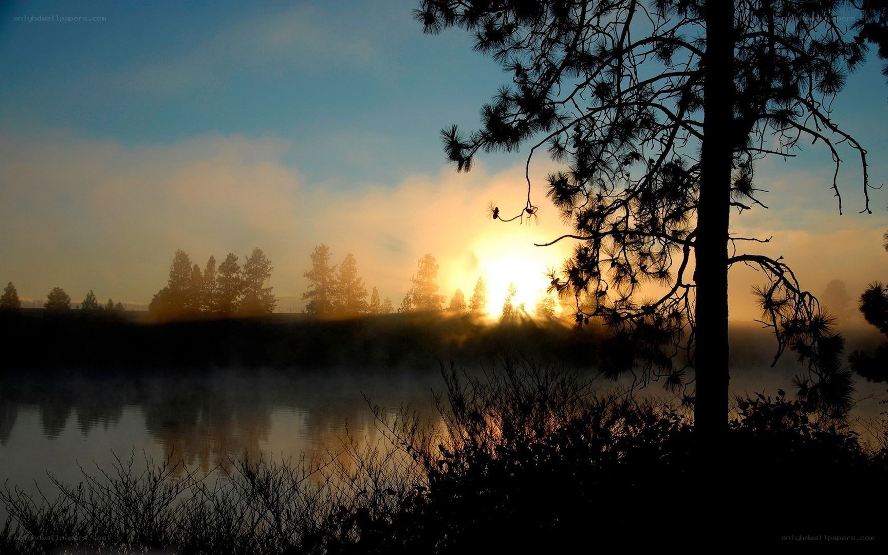 Sunrise over misty lake