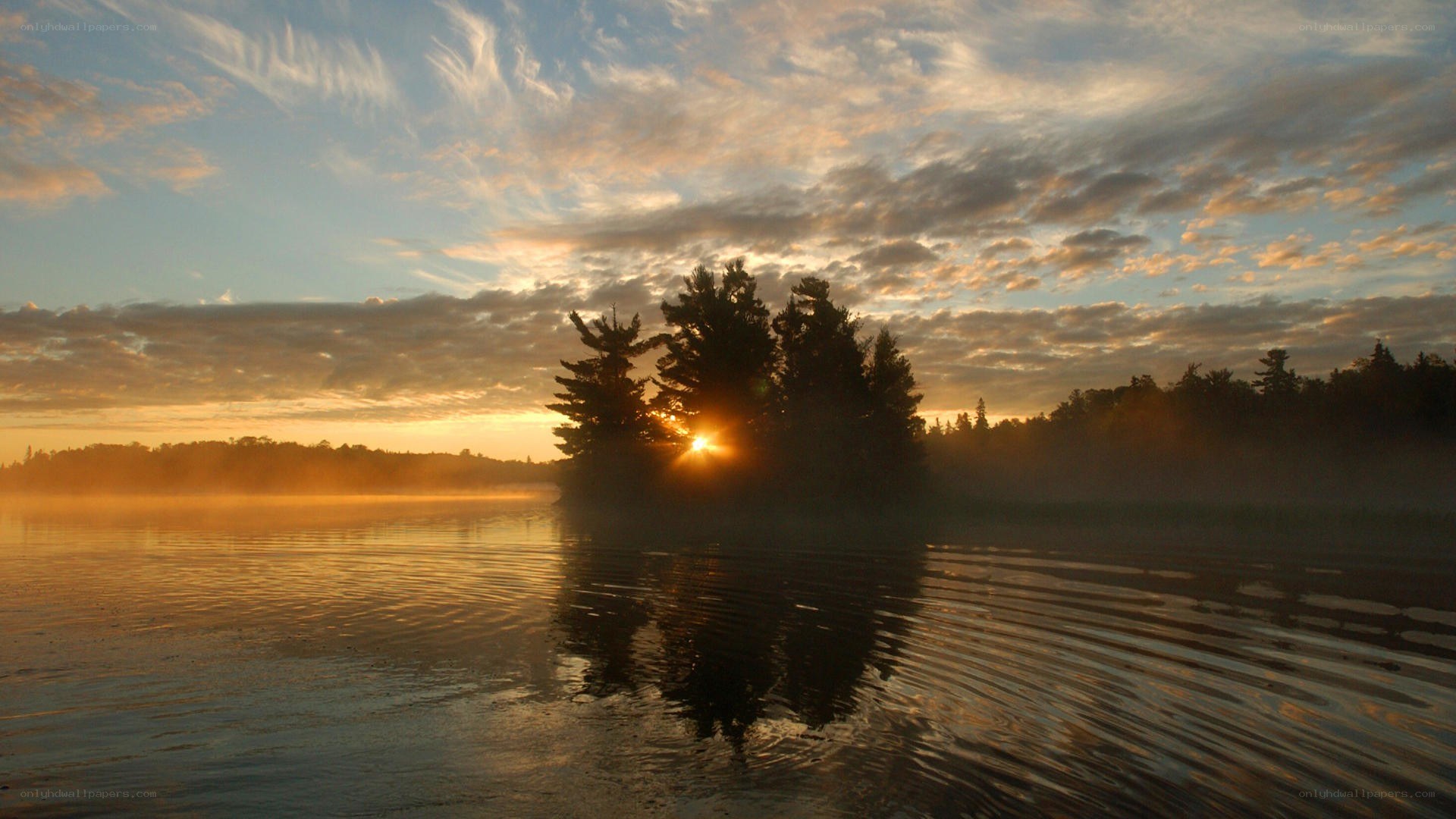 Sunrise over misty lake