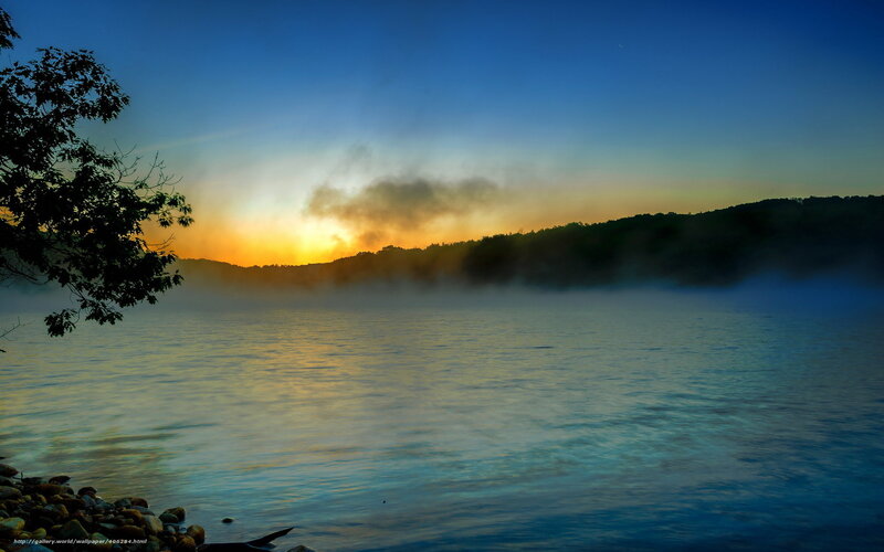 Sunrise over Misty Lake — Blue, Serene, Photograph, Trees, Mist, Rocks