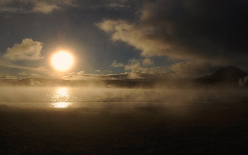 Sunrise over Misty Lake — Gold, Dramatic