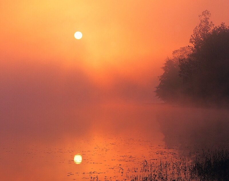 Sunrise over Misty Lake — Orange, Serene, Photograph, Sun, Mist