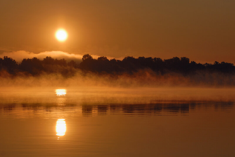 Sunrise over Misty Lake — Orange, Serene, Photograph, Sun