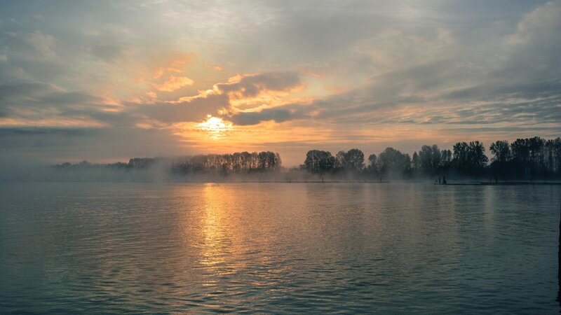 Sunrise over Misty Lake — Orange, Serene, Photograph, Trees, Mist, Reflection, Clouds