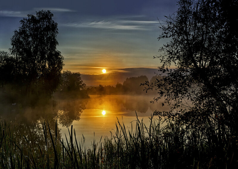 Sunrise over Misty Lake — Orange, Serene, Photograph, Trees, Mist