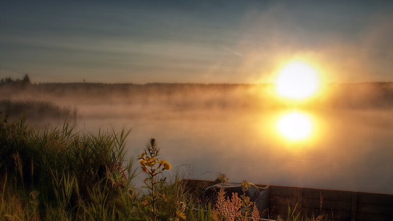 Sunrise over Misty Lake — Yellow, Serene, Photograph, Mist