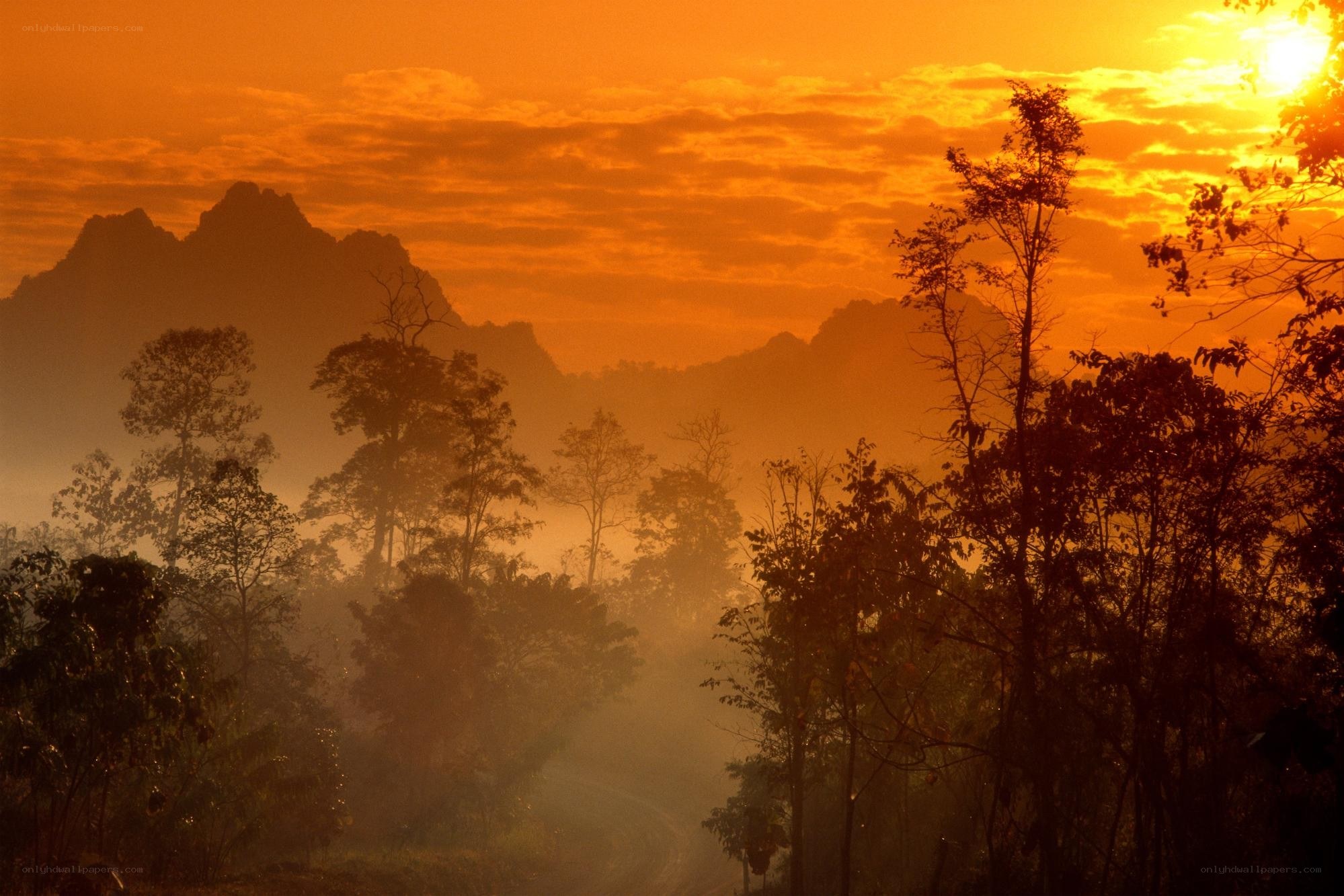Sunrise over misty mountains