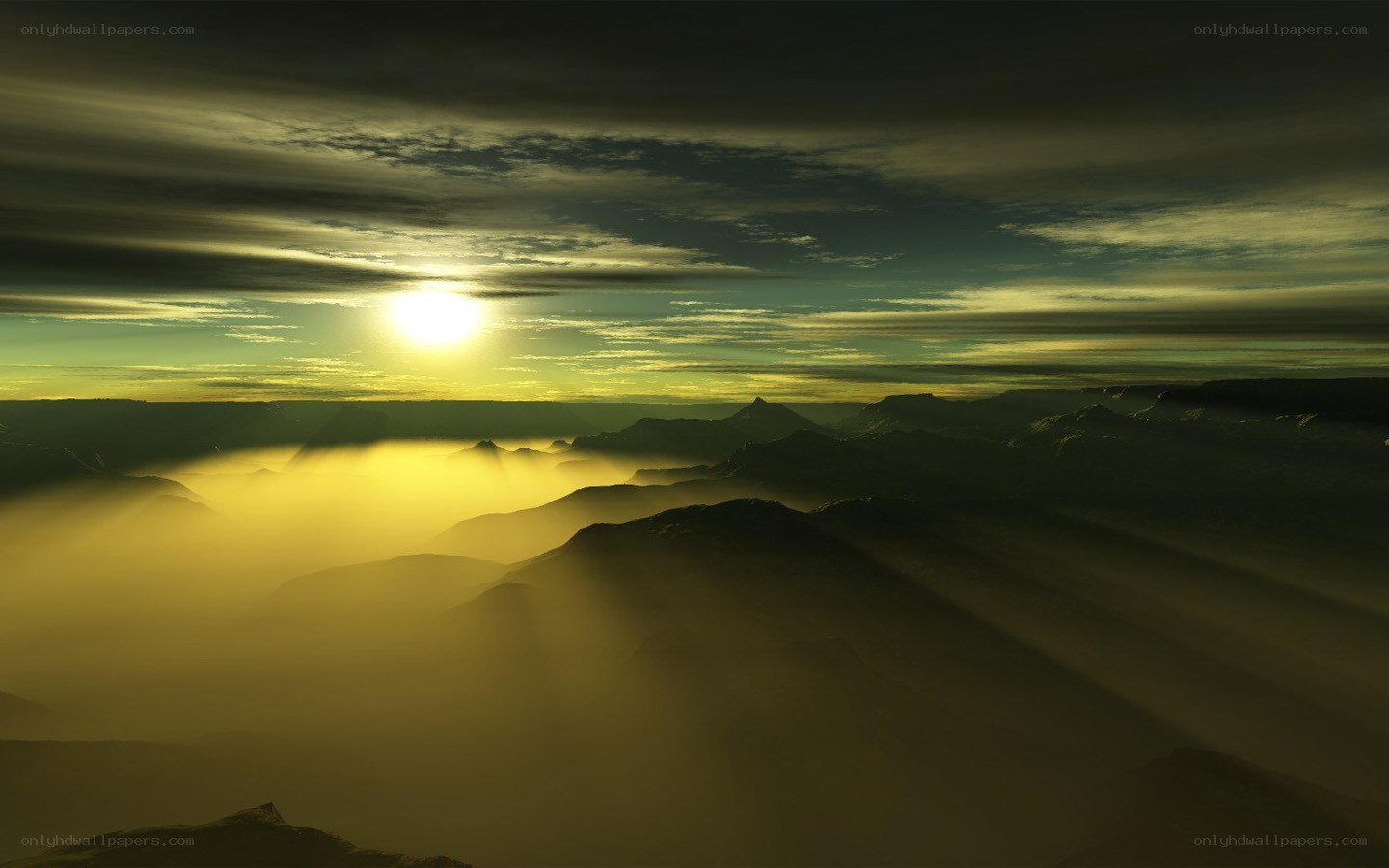 Sunrise over misty mountains