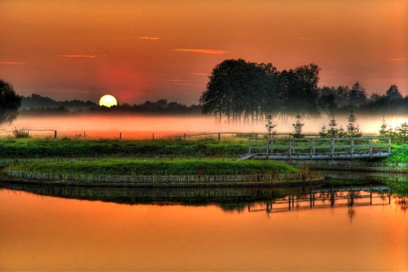 Sunrise over misty pond