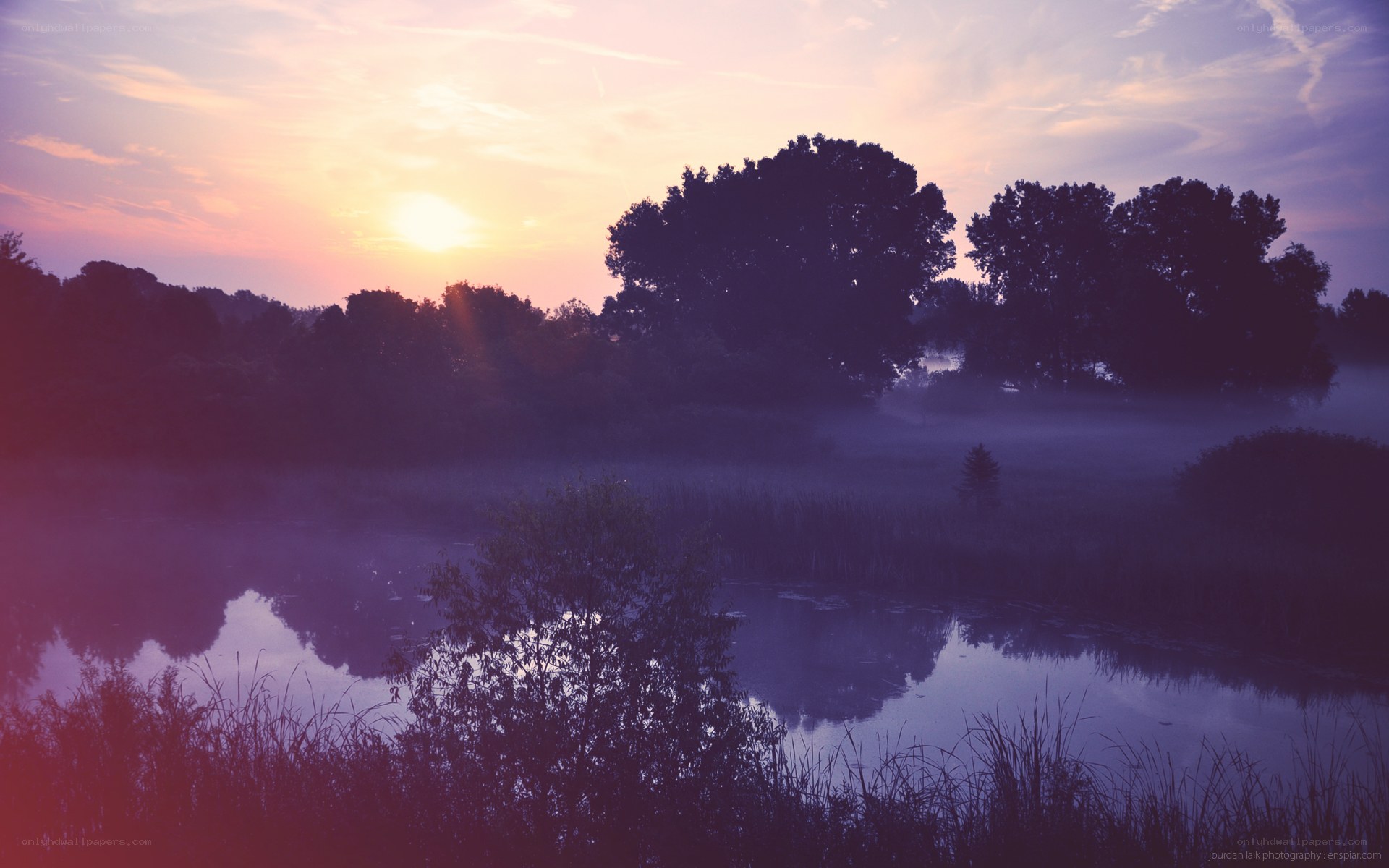 Sunrise over misty pond