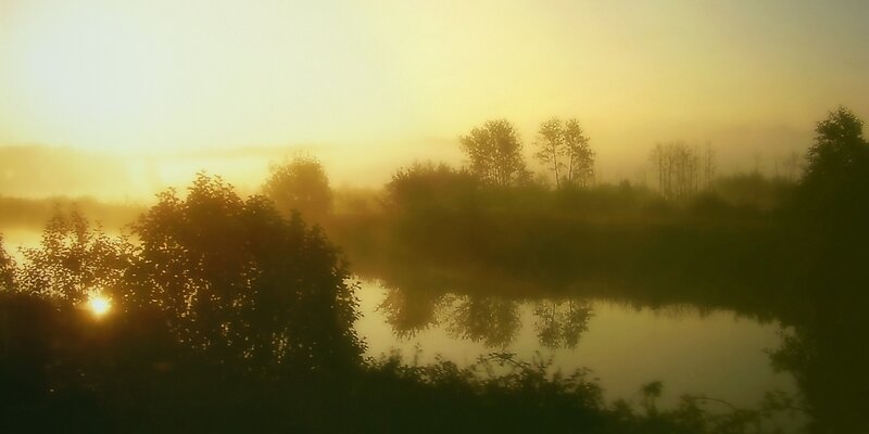 Sunrise over misty river