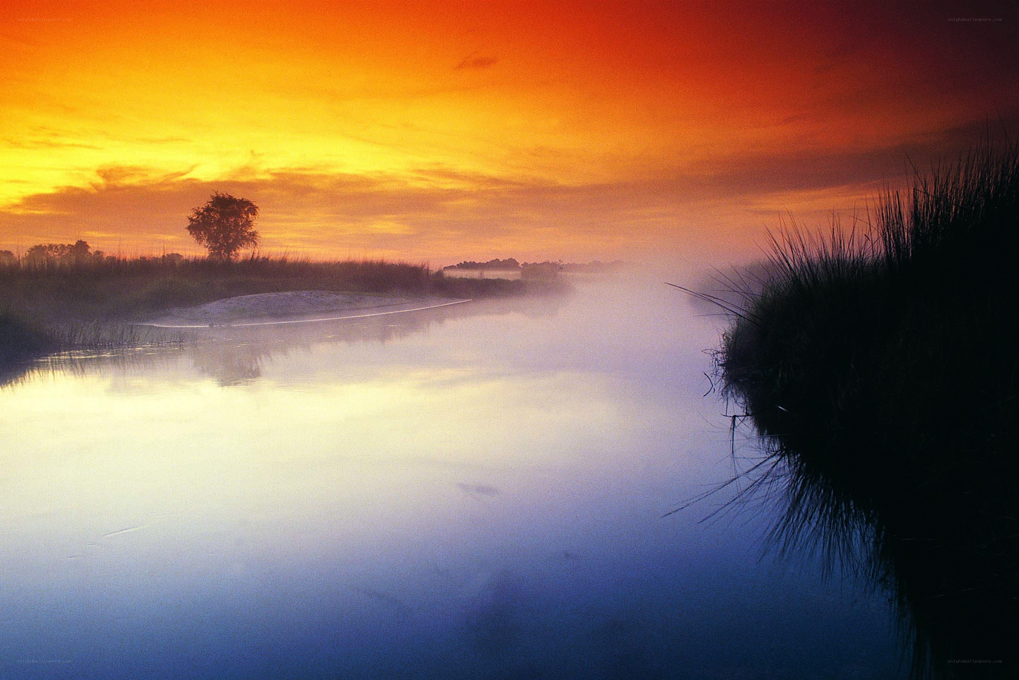 Sunrise over misty river