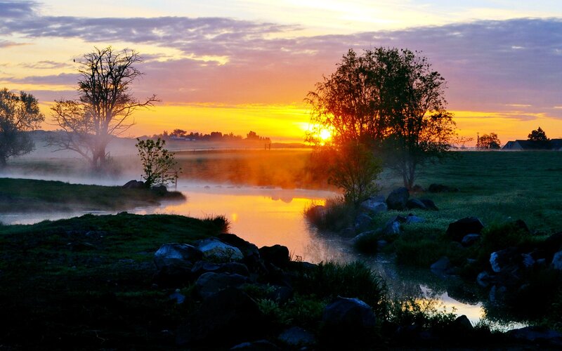 Sunrise over misty river