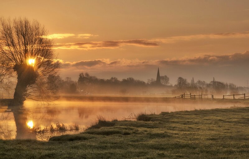 Sunrise over Misty River — Orange, Serene, Photograph, Tree