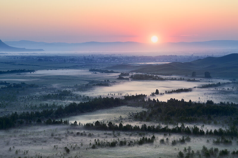 Sunrise over Misty Valley — Pink, Serene