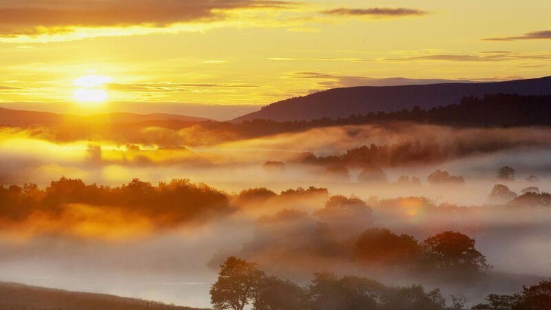 Sunrise over Misty Valley — Yellow, Serene, Photograph, Sun, Fog