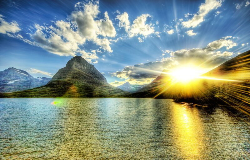 Sunrise over mountain lake