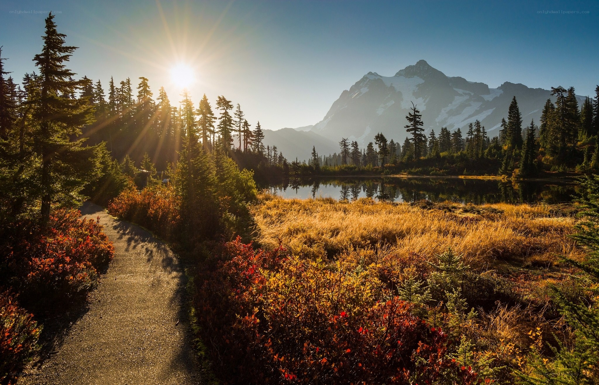 Sunrise over mountain lake