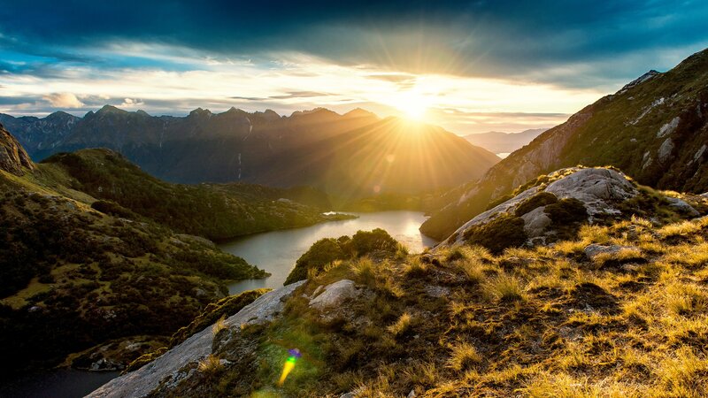Sunrise over Mountain Lake — Blue, Dramatic, Sunset, Photograph, Mountains