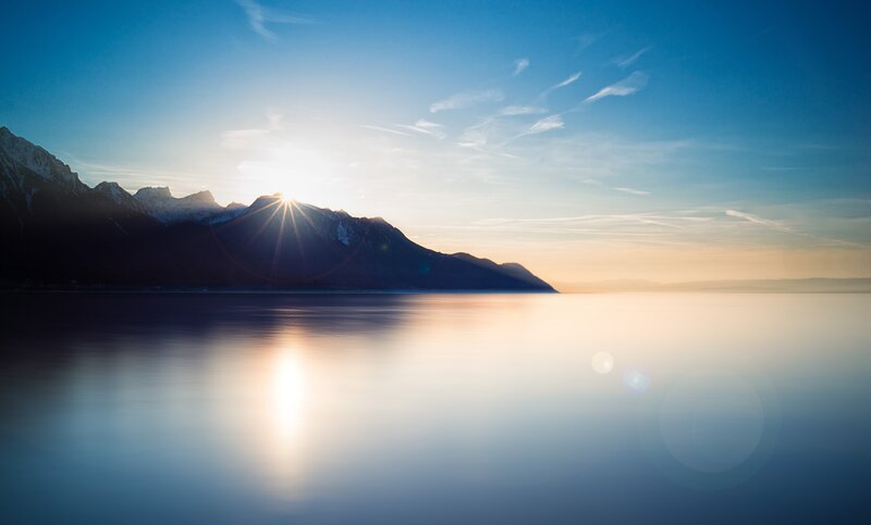 Sunrise over Mountain Lake — Blue, Serene, Photograph, Mountains, Sky