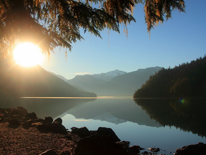 Sunrise over Mountain Lake — Blue, Serene, Photograph, Mountains, Trees, Rocks