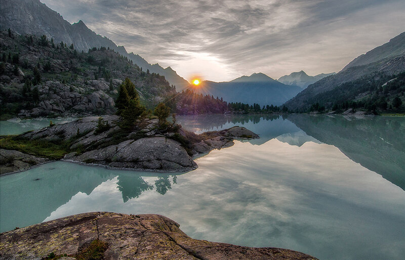 Sunrise over Mountain Lake — Blue, Serene, Photograph, Mountains, Trees