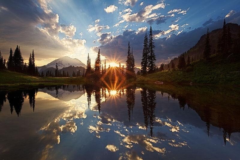Sunrise over Mountain Lake — Blue, Serene, Sunset