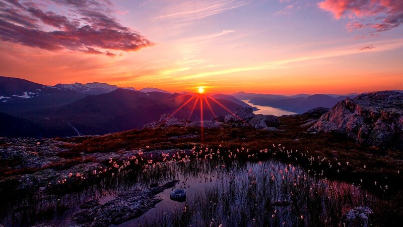 Sunrise over Mountain Lake — Orange, Serene, Sunset
