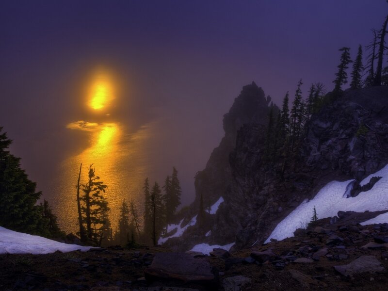 Sunrise over Mountain Lake — Purple, Dramatic, Photograph