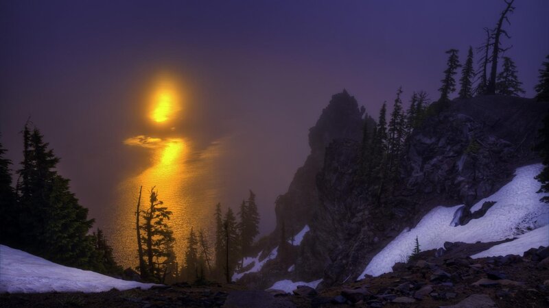 Sunrise over Mountain Lake — Purple, Dramatic