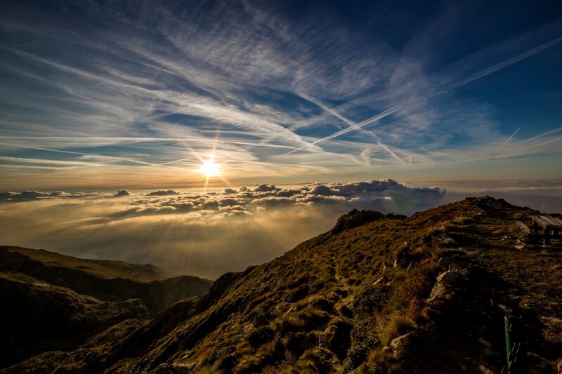 Sunrise over Mountain Peak — Blue, Dramatic, Photograph