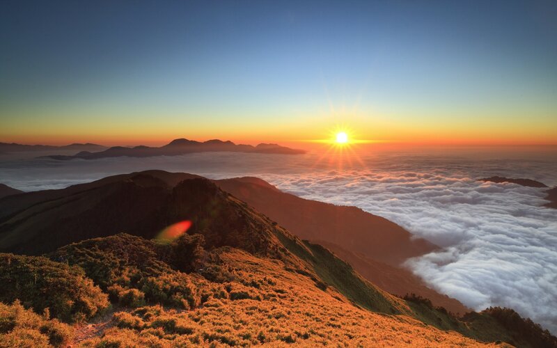 Sunrise over Mountain Peaks — Orange, Serene, Photograph